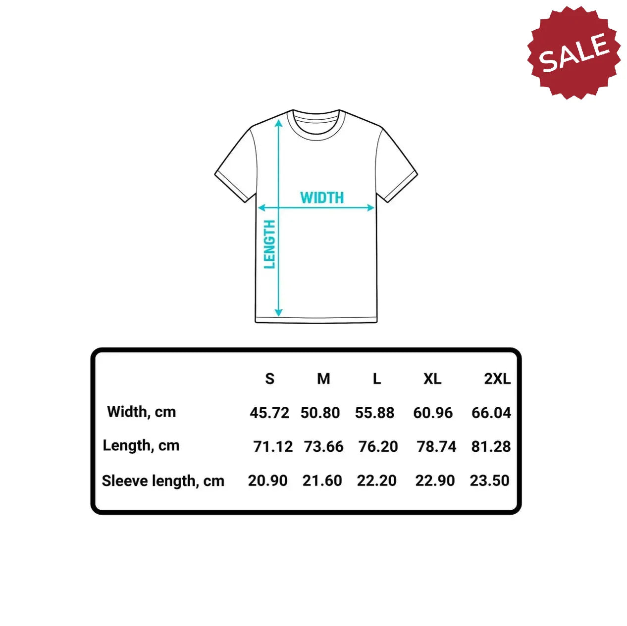 Measurement chart for a t-shirt with dimensions and a 'Sale' label.