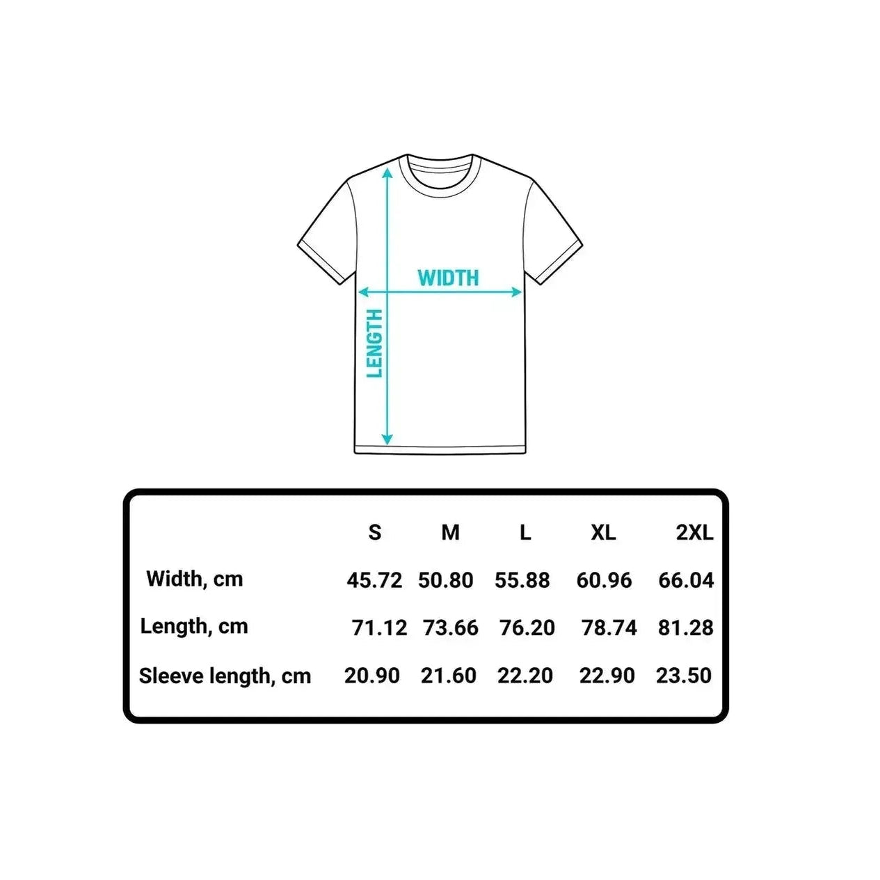 White t-shirt with measurement chart on a white background