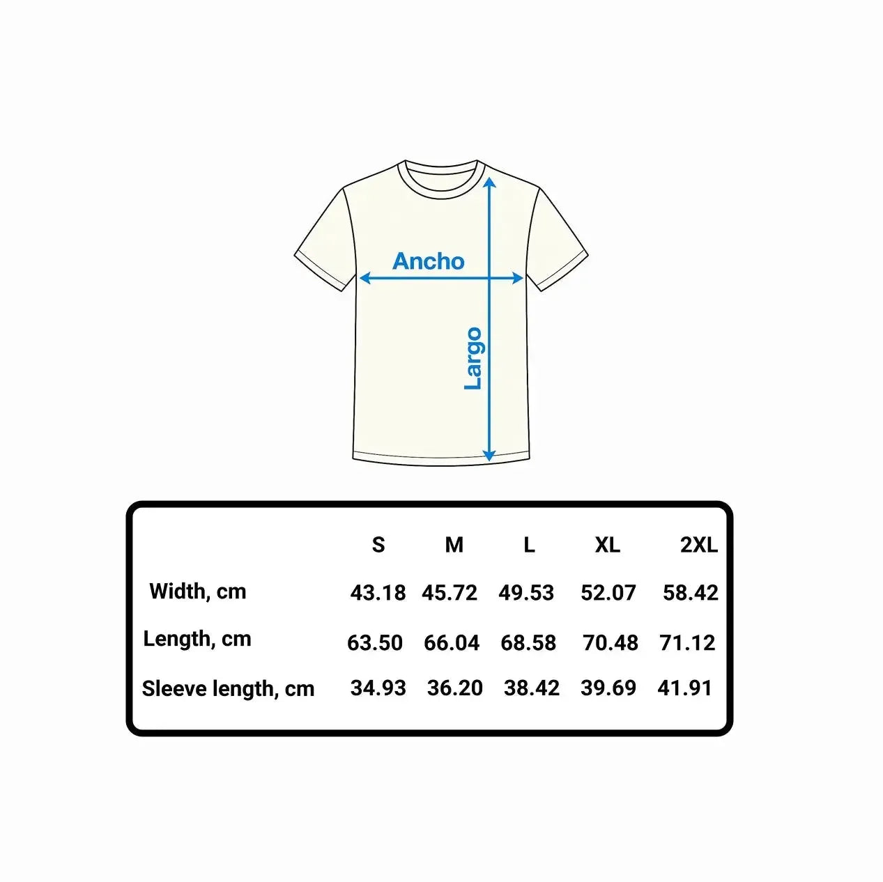 Measurement chart for a t-shirt with dimensions on a white background