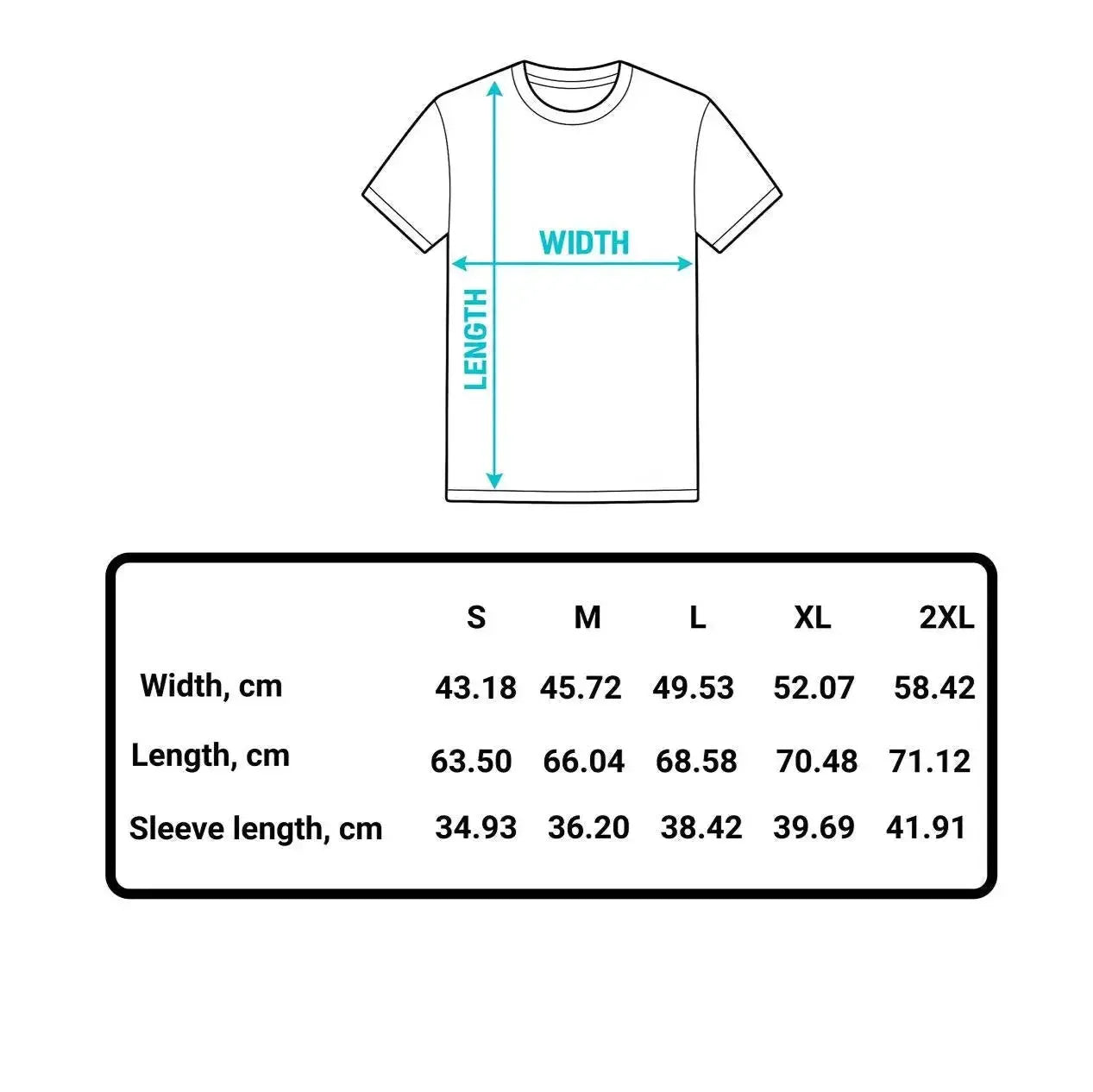 Measurement chart for a t-shirt with dimensions labeled on a white background