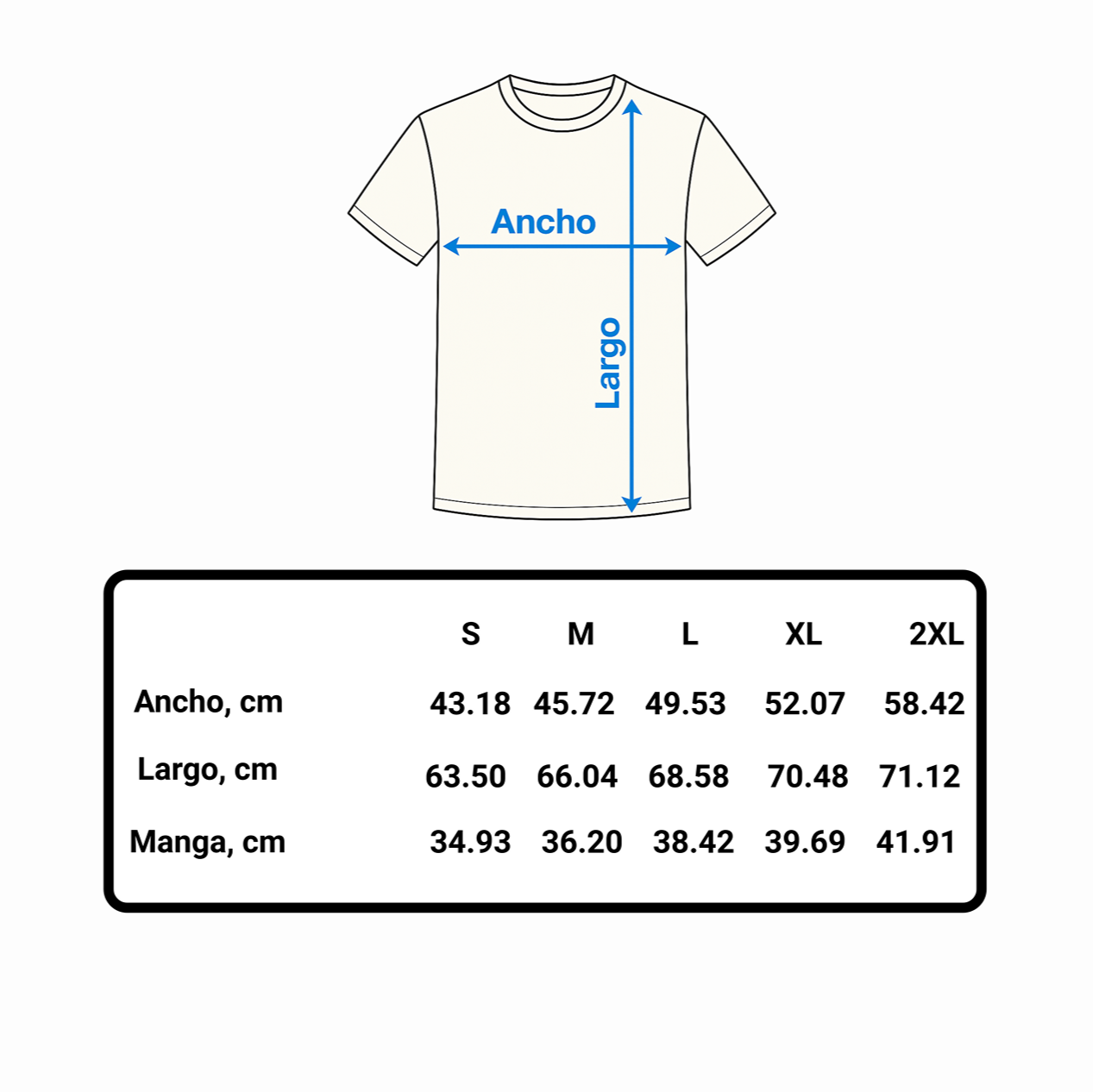 Measurement chart for t-shirt sizes with dimensions labeled 'Ancho' and 'Largo'.