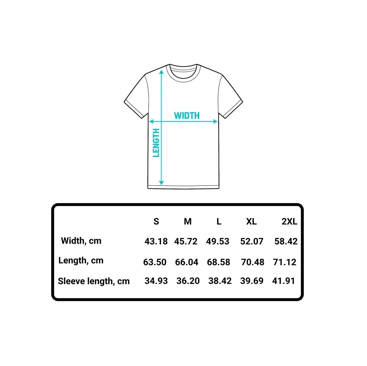 White t-shirt with measurement chart on a white background