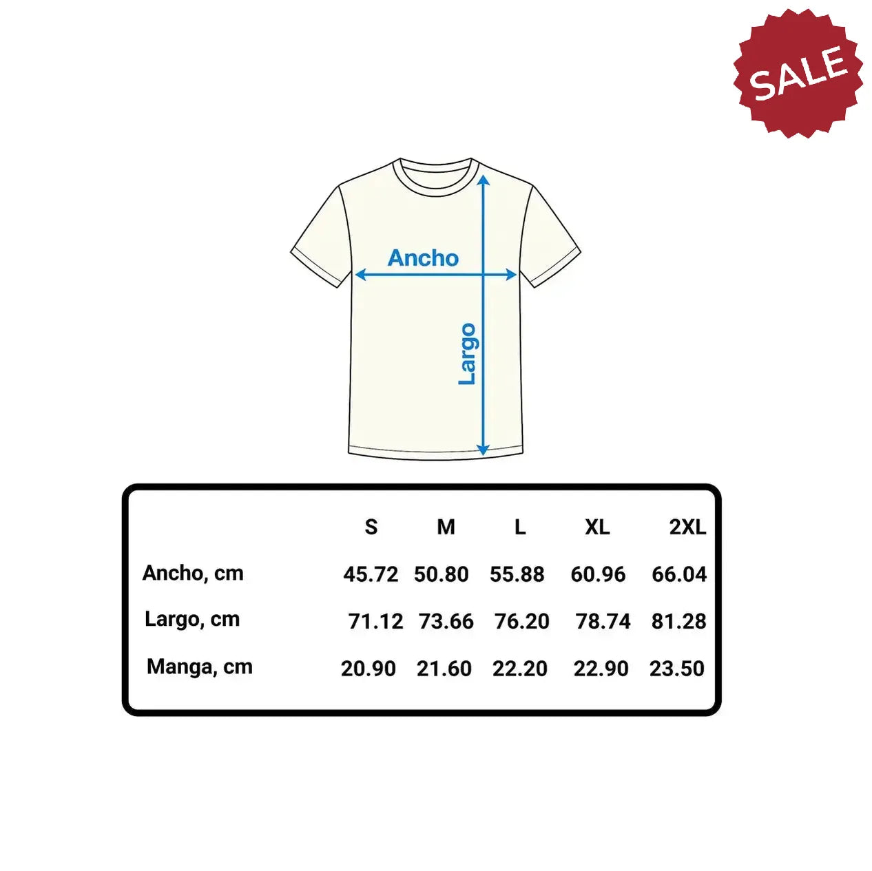 Measurement chart for a t-shirt with dimensions labeled and a 'Sale' label.