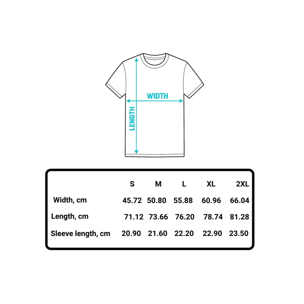 T-shirt with size chart on a white background