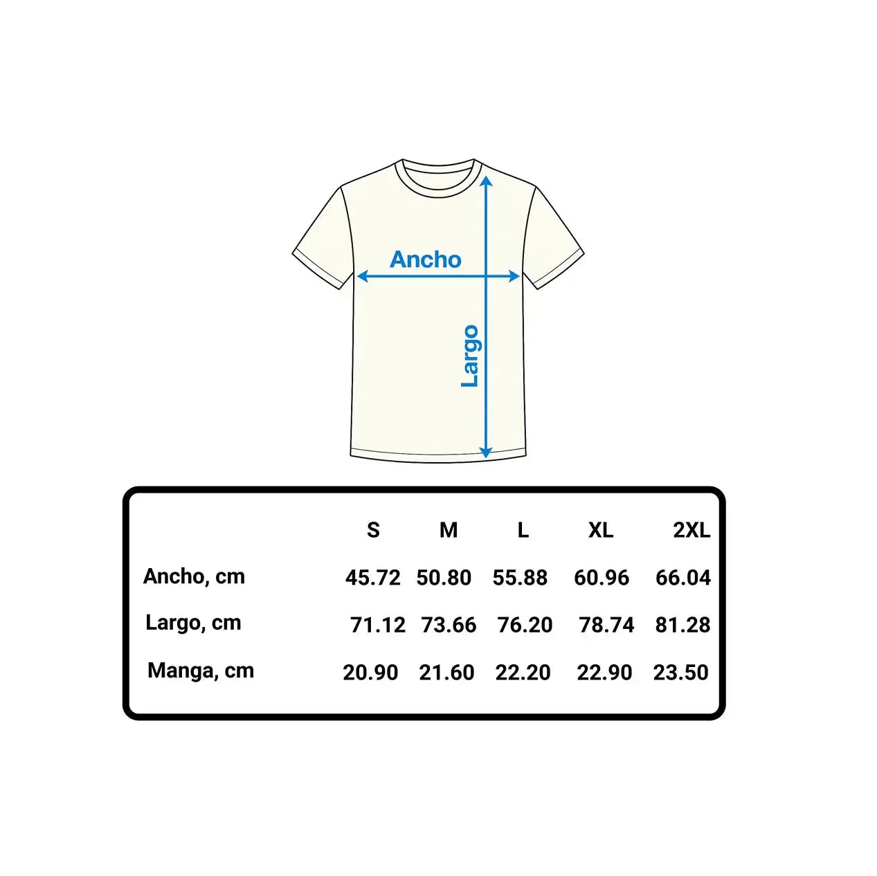 Measurement chart for a t-shirt with dimensions labeled on a white background
