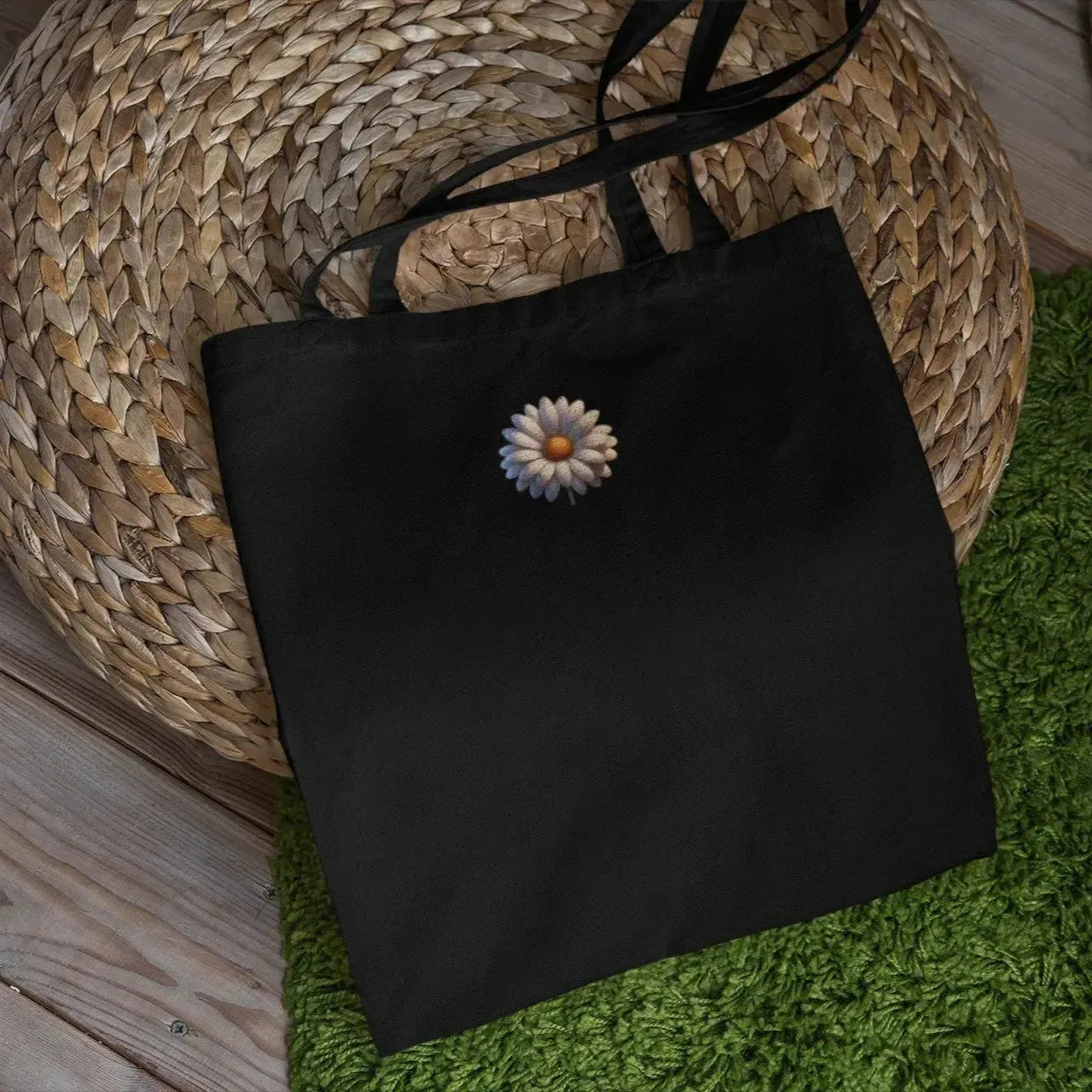 white-daisy-art-on-black-bag