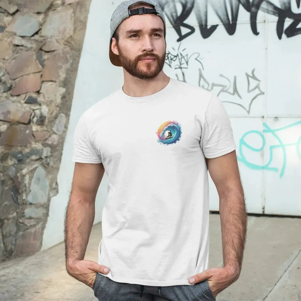 Camiseta con olas surferas coloridas – Camiseta gráfica con vibrantes salpicaduras de atardecer | Camiseta estilo surf retro