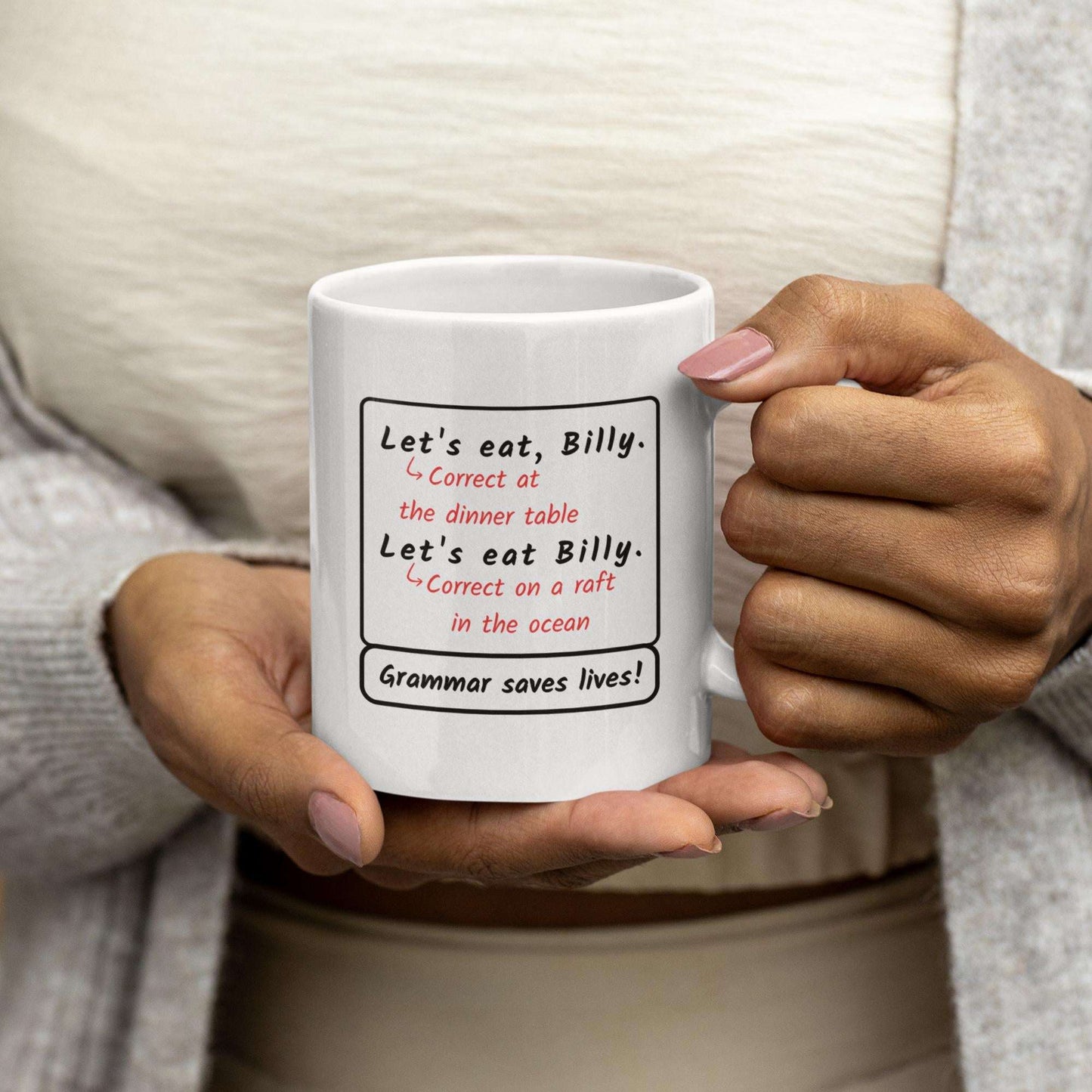 closeup-funny-let's-eat-billy-punctuation-quote-mug