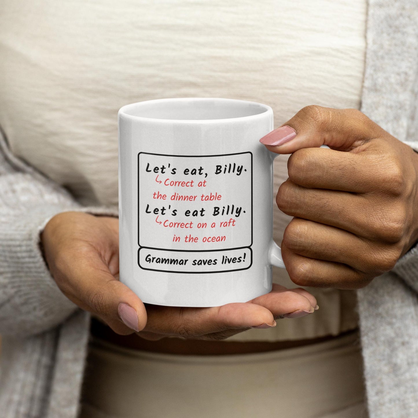 closeup-funny-let's-eat-billy-punctuation-quote-mug
