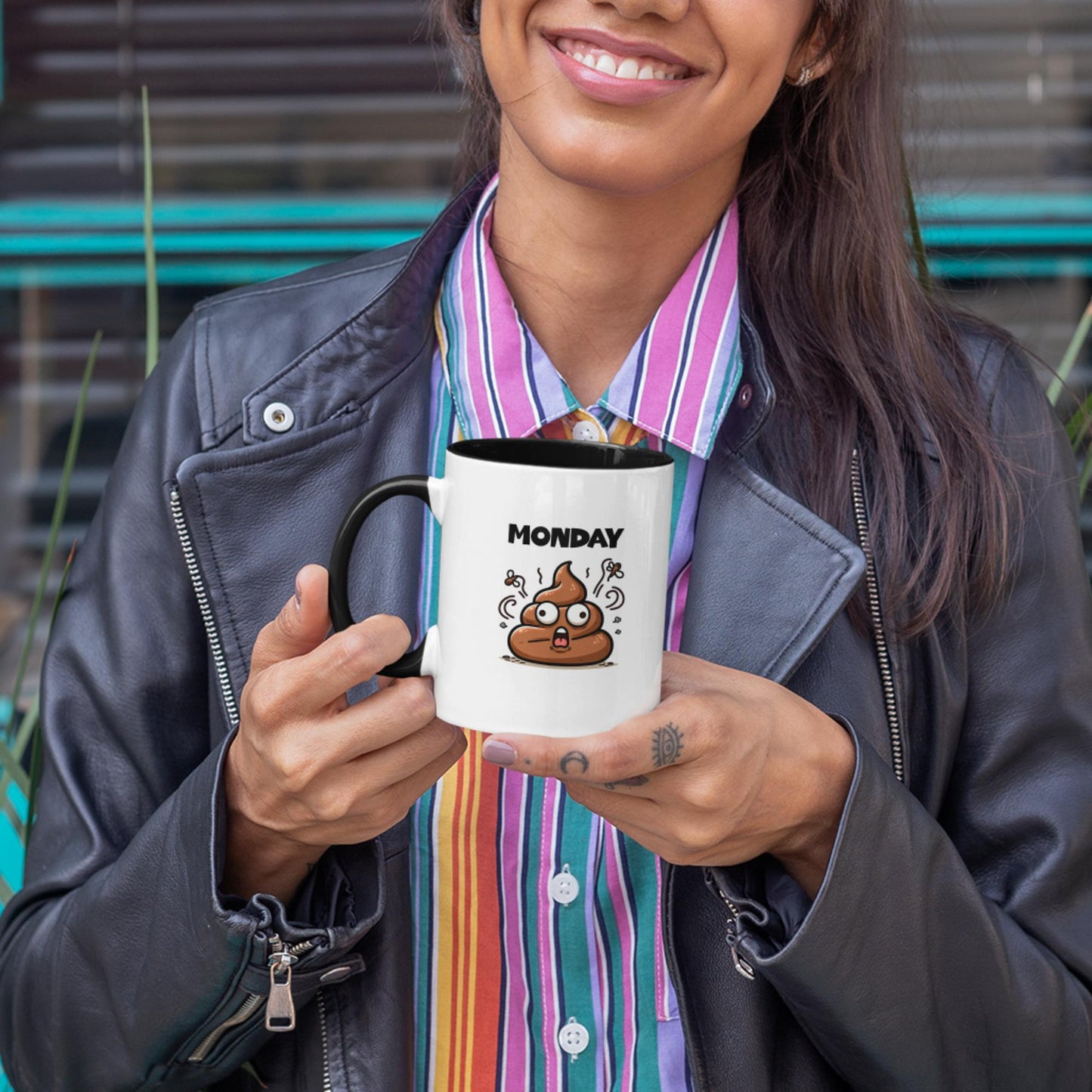 smiling-woman-holding-funny-poo-coffee-mug