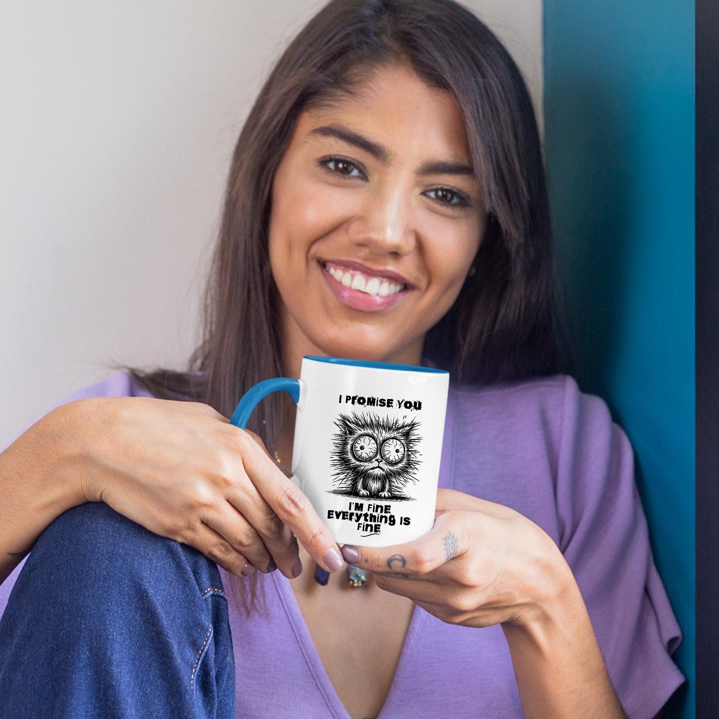 smiling-woman-holding-sarcastic-stressed-cute-cat-mug