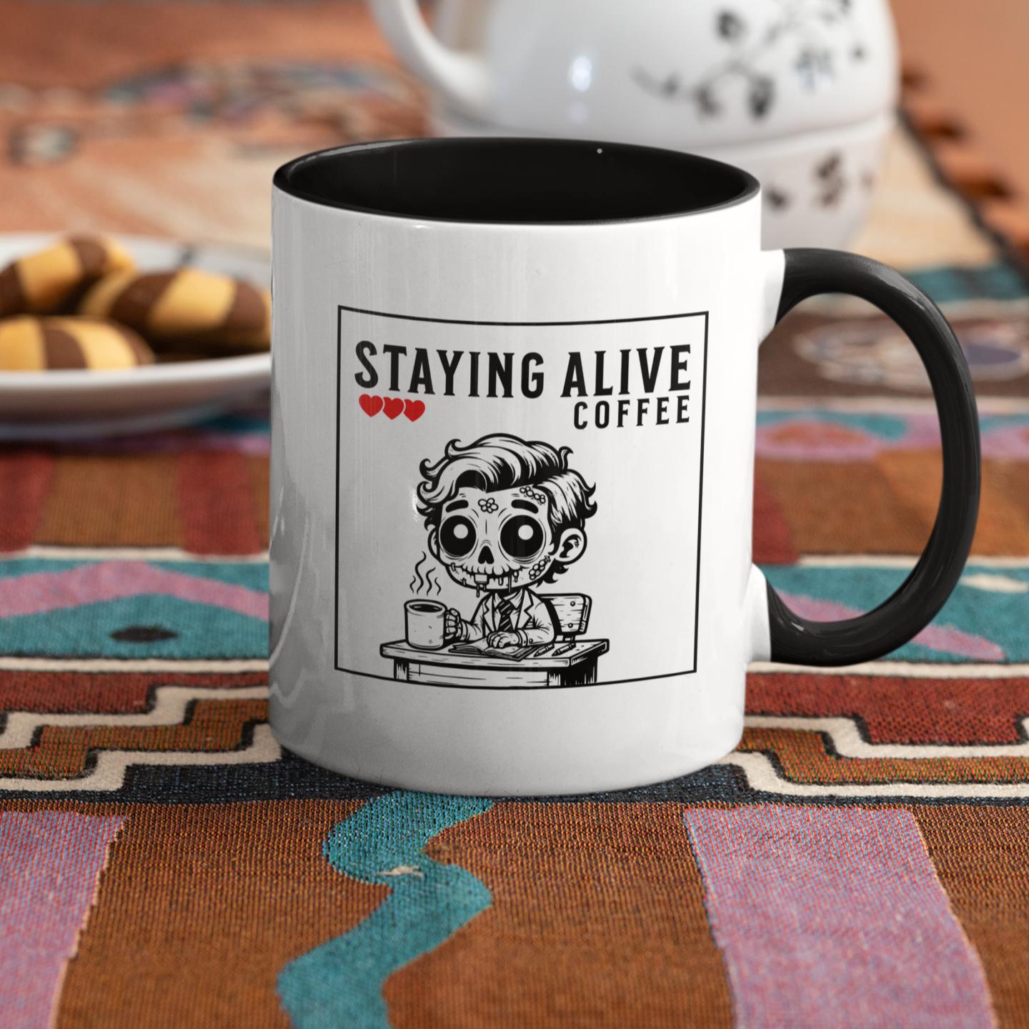 closeup-staying-alive-zombie-worker-mug-on-table