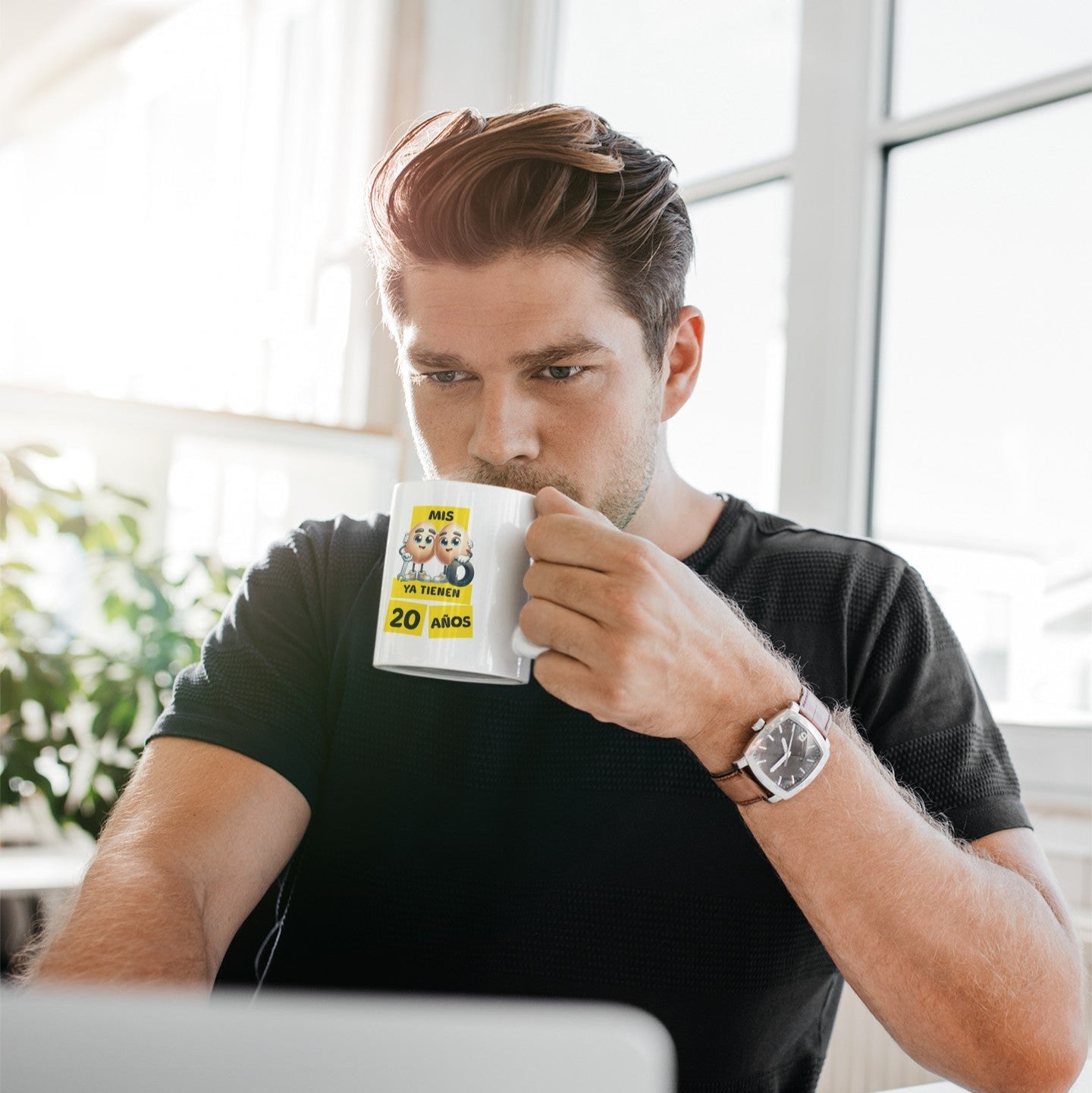 young-man-drinking-from-hilarious-egg-birthday-mug