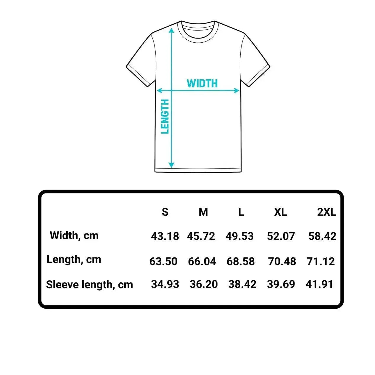 Measurement chart for a t-shirt with dimensions labeled on a white background