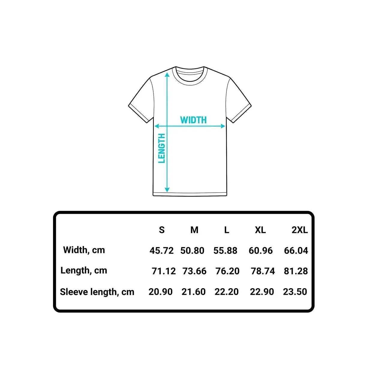 Measurement chart for a t-shirt with dimensions labeled and a table showing size measurements.