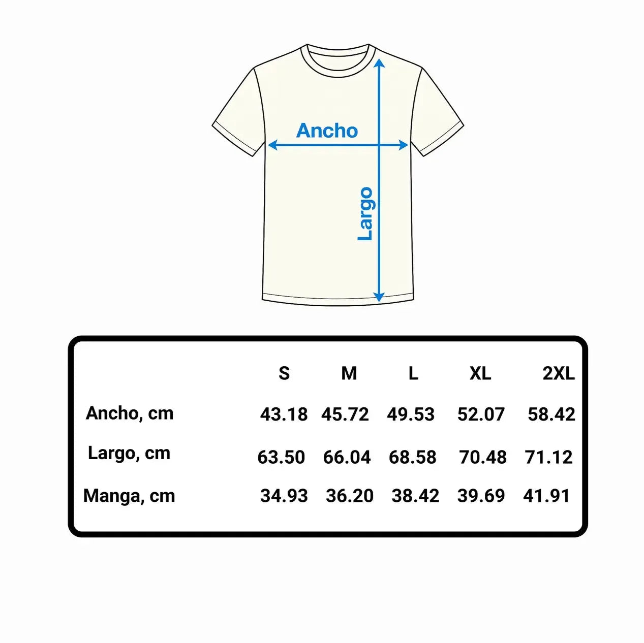 Measurement chart for a t-shirt with dimensions labeled on a white background