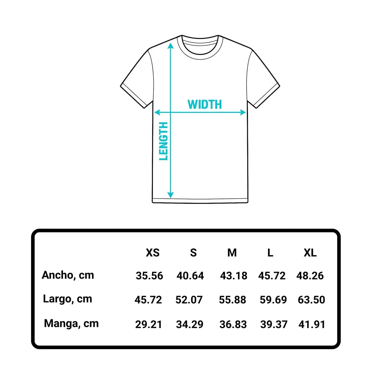 White t-shirt with measurement lines and a size chart on a white background