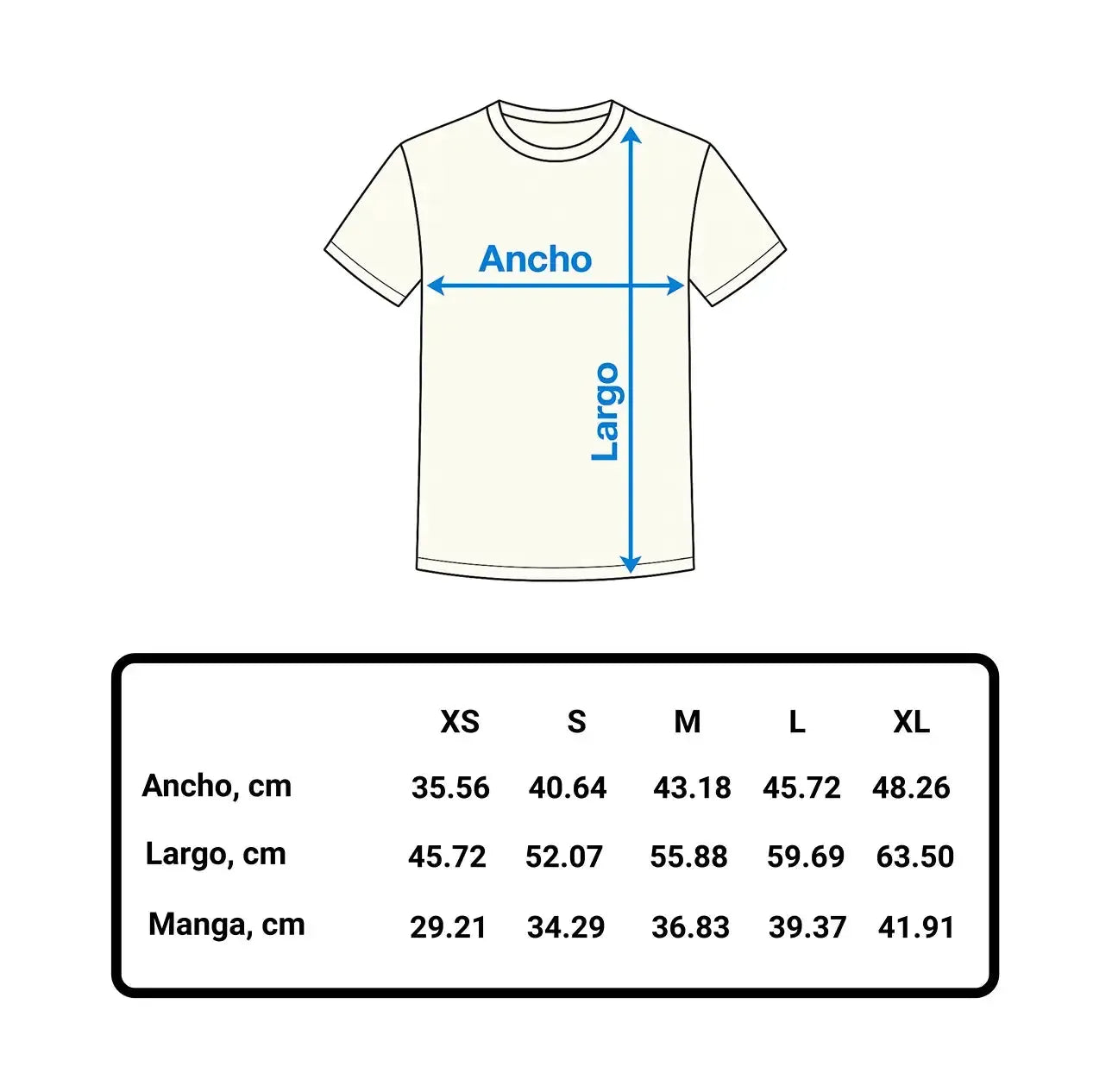 White t-shirt with measurements and size chart on a white background