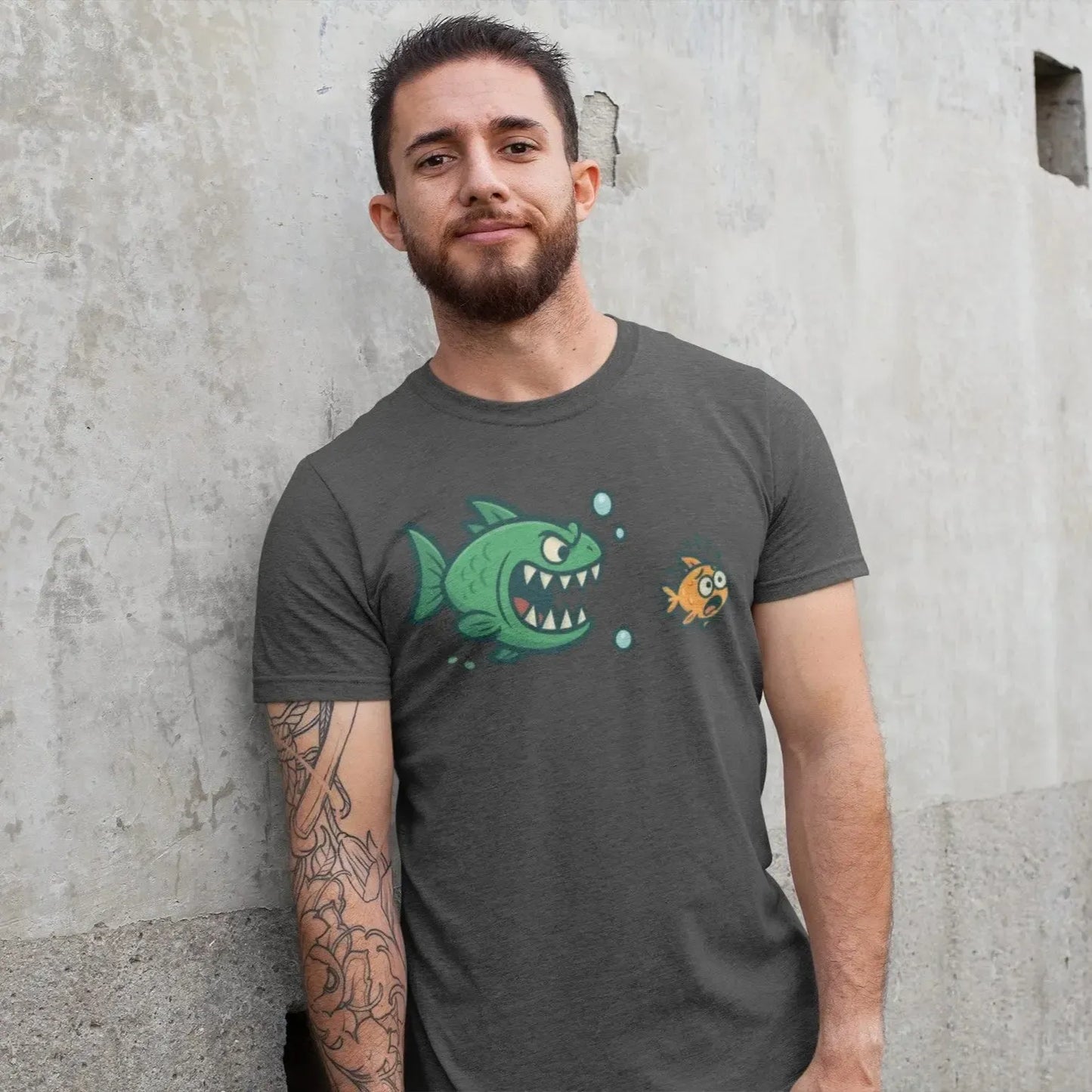 green-predator-fish-with-scared-orange-fish-tee