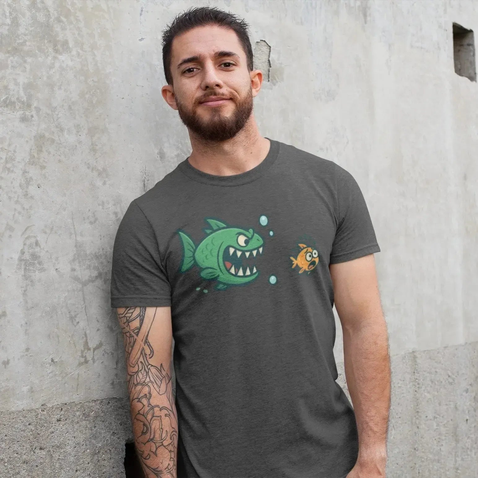 green-predator-fish-with-scared-orange-fish-tee