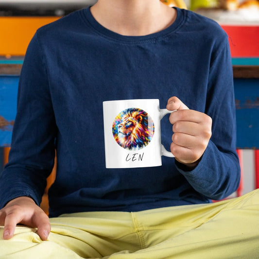 boy-holding-vibrant-colorful-lion-mug-with-custom-name