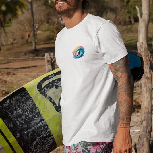 Camiseta con olas surferas coloridas – Camiseta gráfica con vibrantes salpicaduras de atardecer | Camiseta estilo surf retro