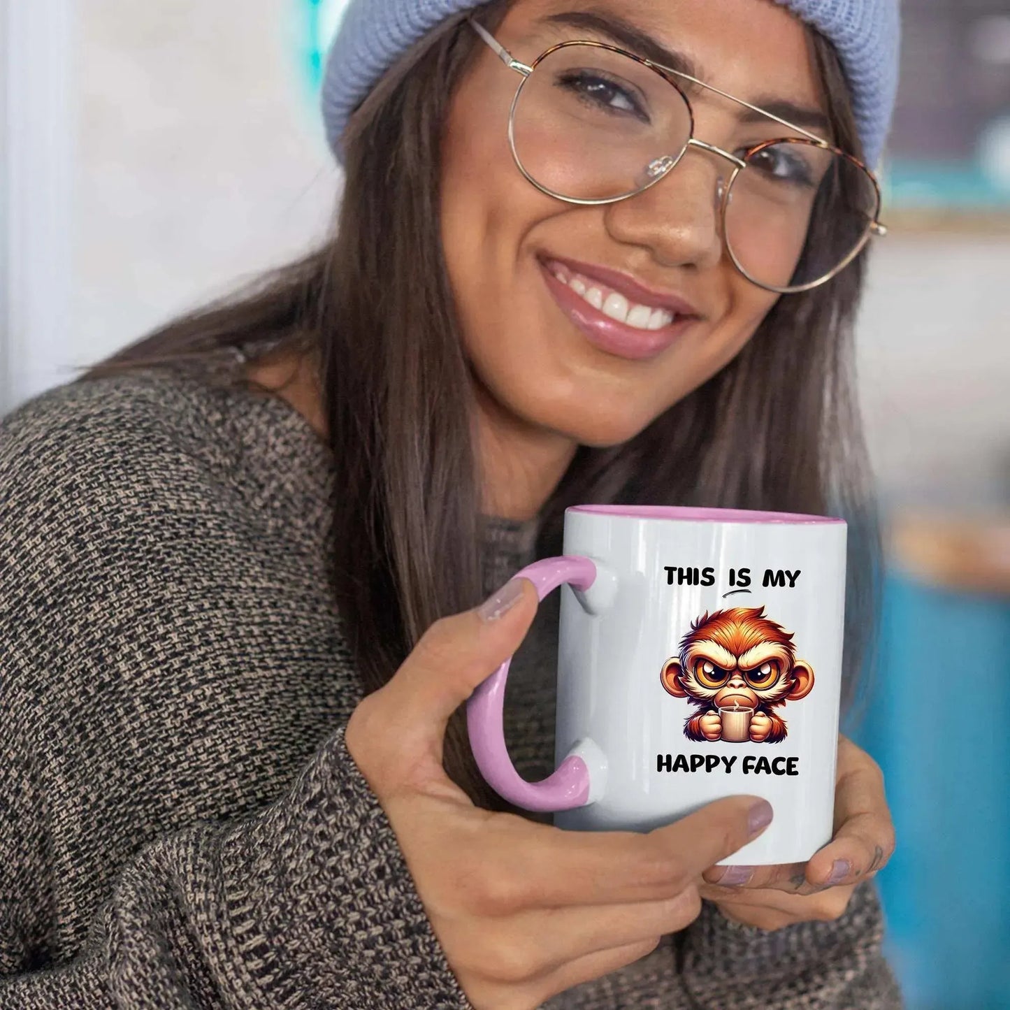 smiling-woman-holding-cute-angry-monkey-coffee-mug