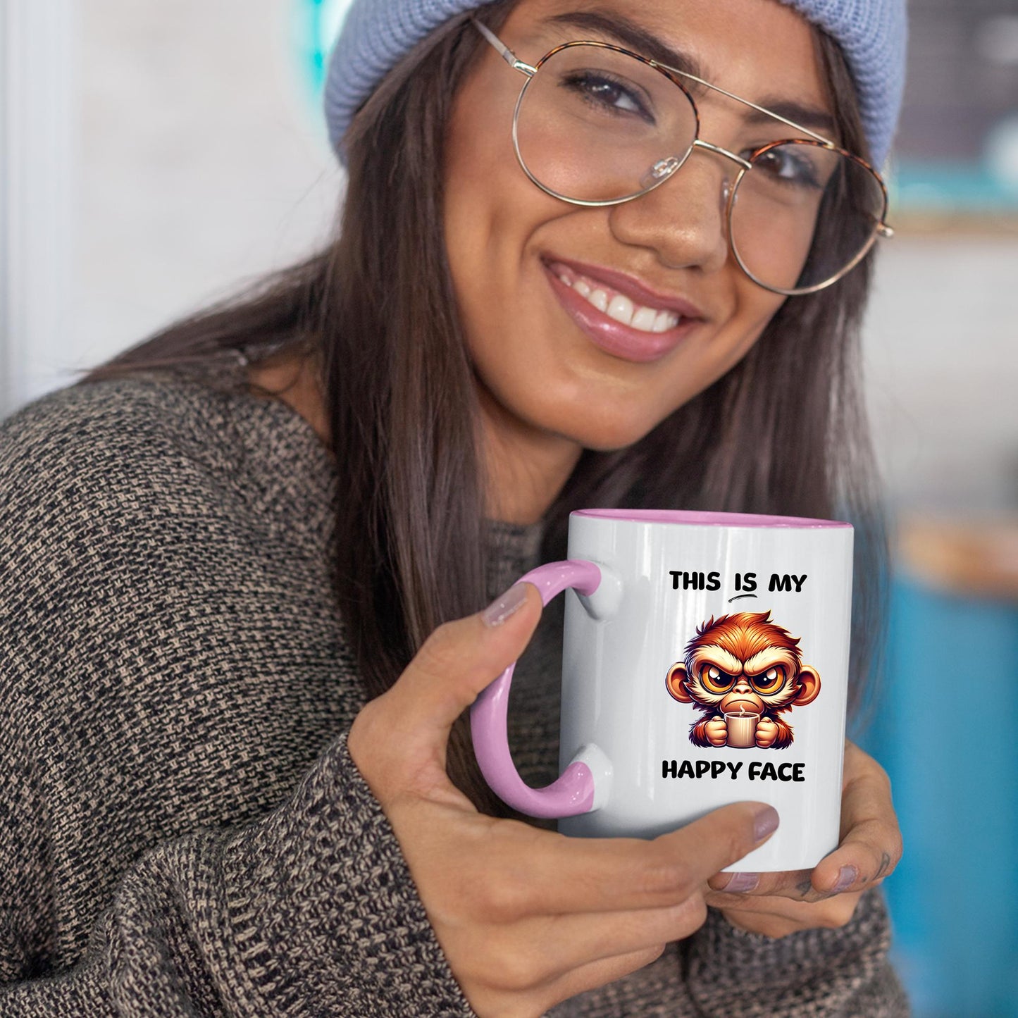 smiling-woman-holding-cute-angry-monkey-coffee-mug