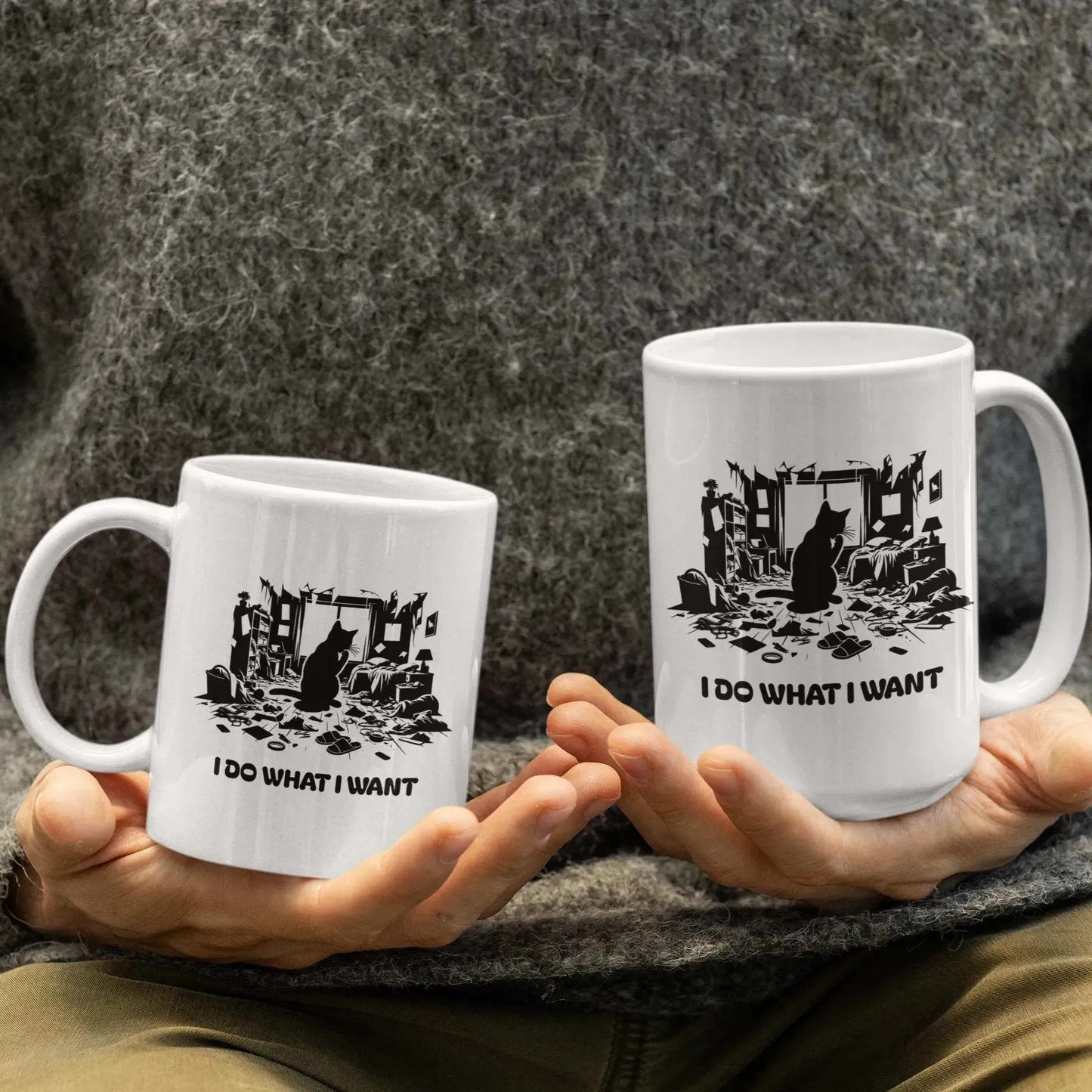 man-holding-funny-chaotic-room-cat-mugs
