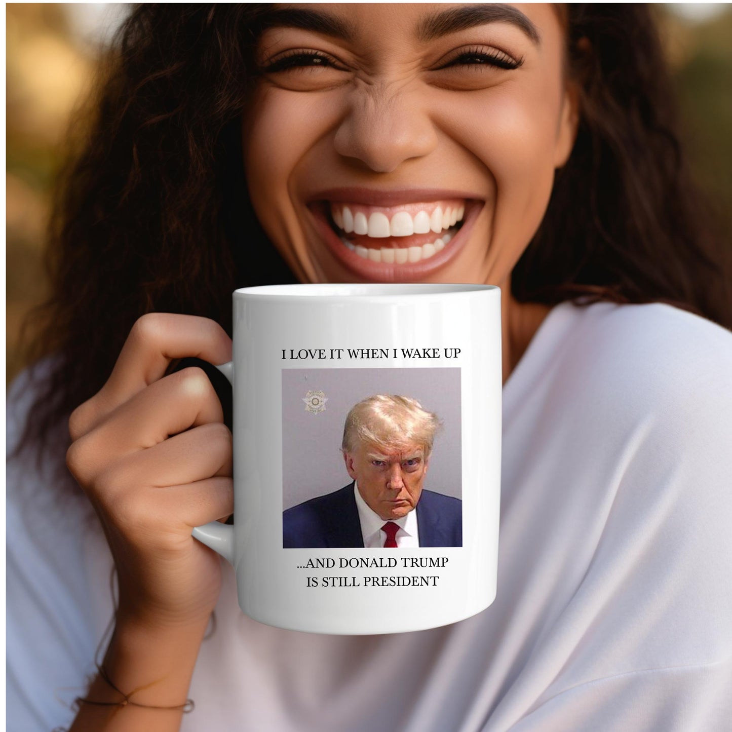 smiling-woman-holding-sarcastic-trump-photo-mug