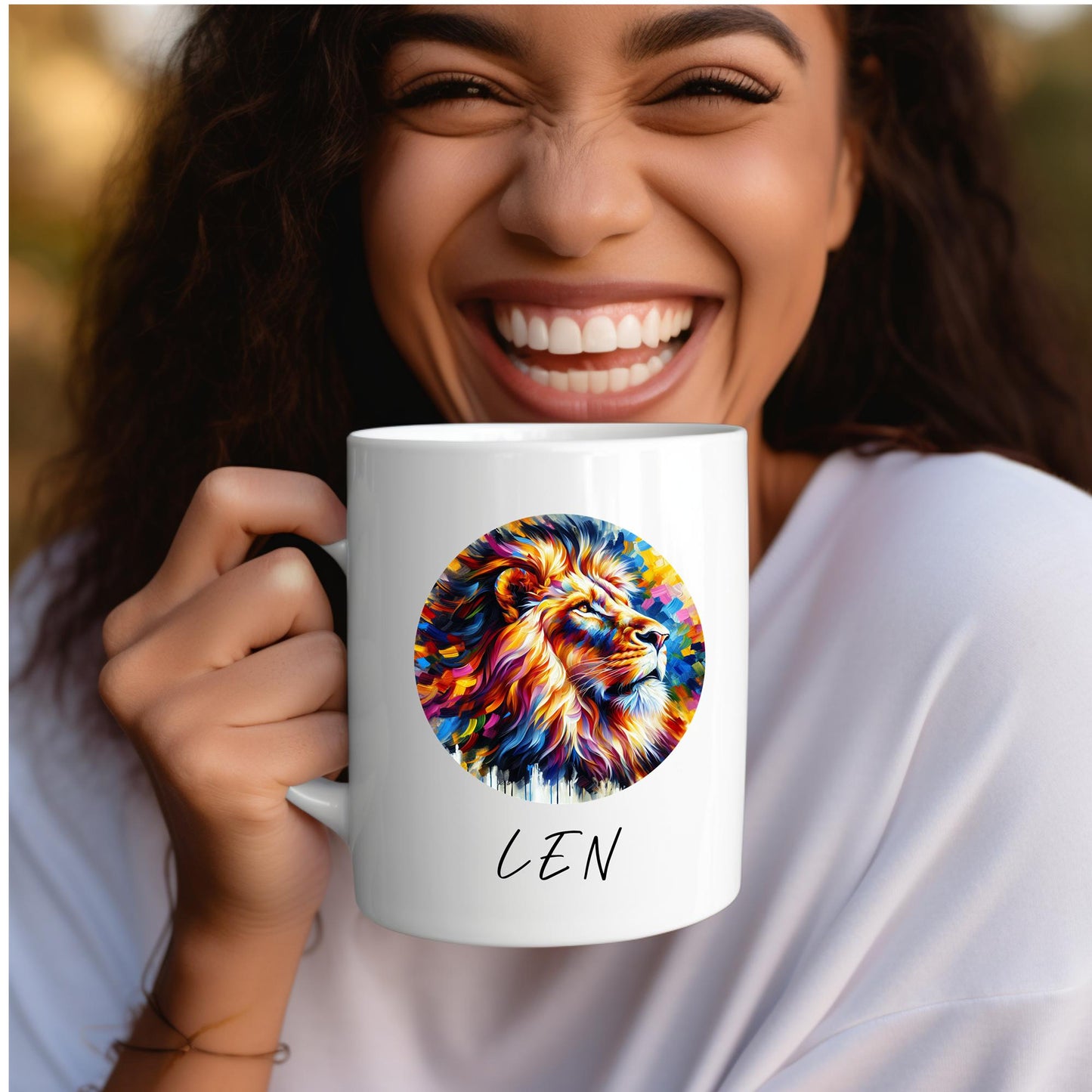 smiling-young-woman-holding-custom-lion-mug