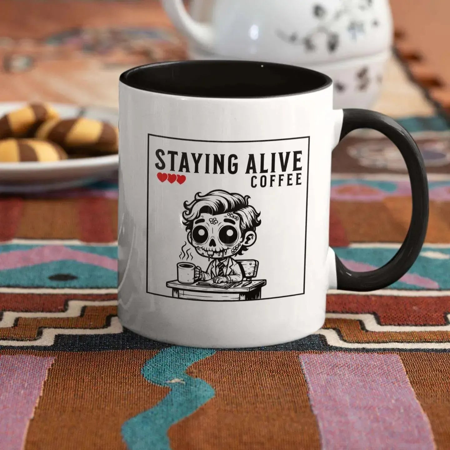 closeup-staying-alive-zombie-worker-mug-on-table