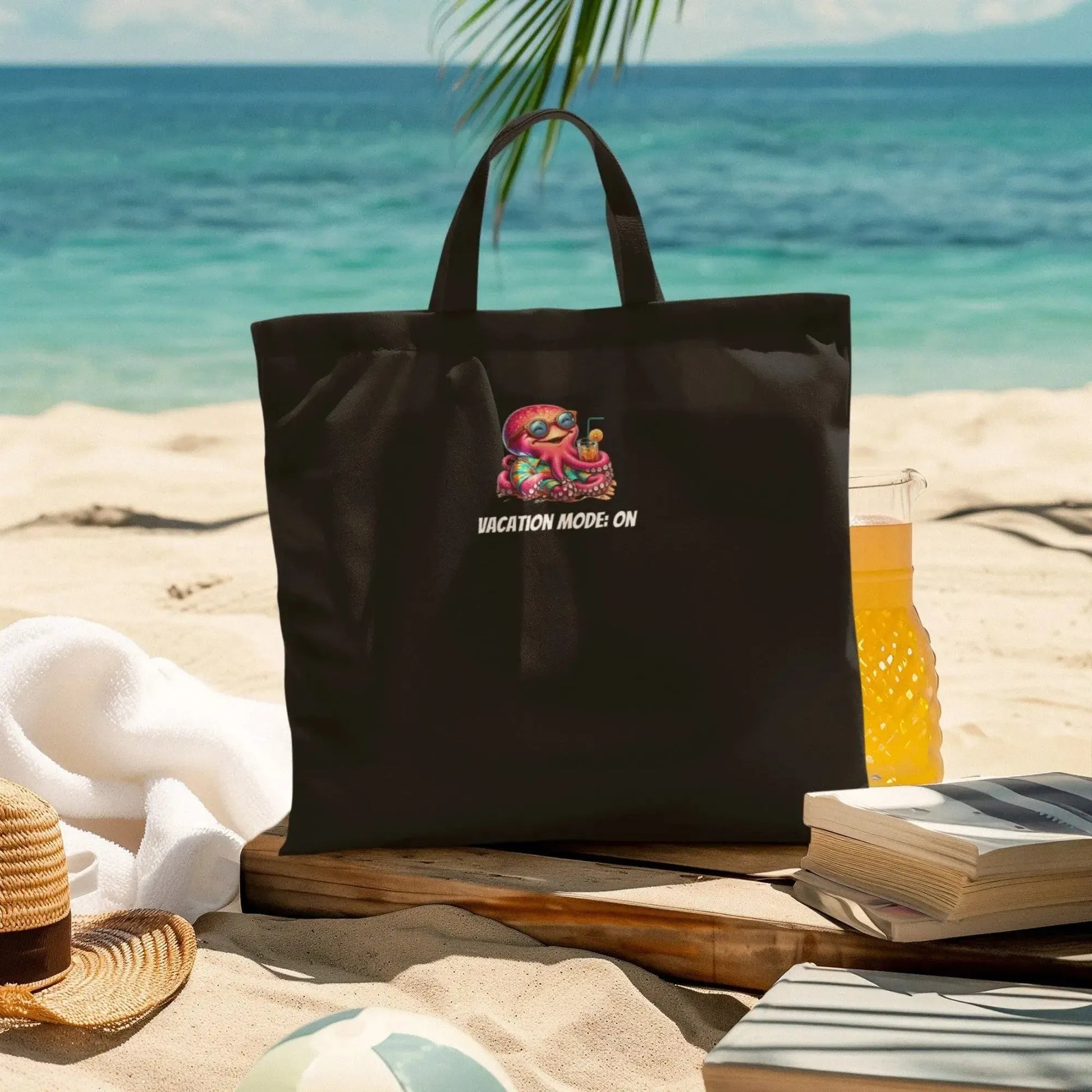 cool-pink-octopus-cartoon-relaxing-on-beach-tote-bag