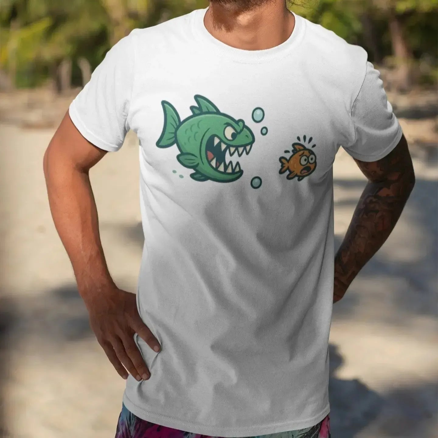 funny-fish-chase-graphic-on-black-humor-shirt